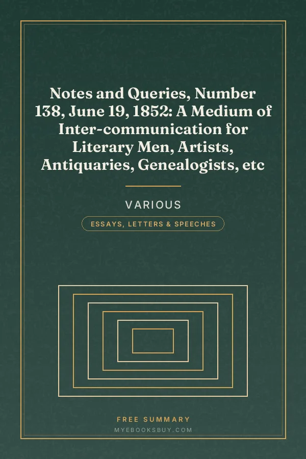 Cover of Notes and Queries, Number 138, June 19, 1852: A Medium of Inter-communication for Literary Men, Artists, Antiquaries, Genealogists, etc