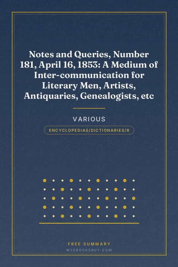 Cover of Notes and Queries, Number 181, April 16, 1853: A Medium of Inter-communication for Literary Men, Artists, Antiquaries, Genealogists, etc