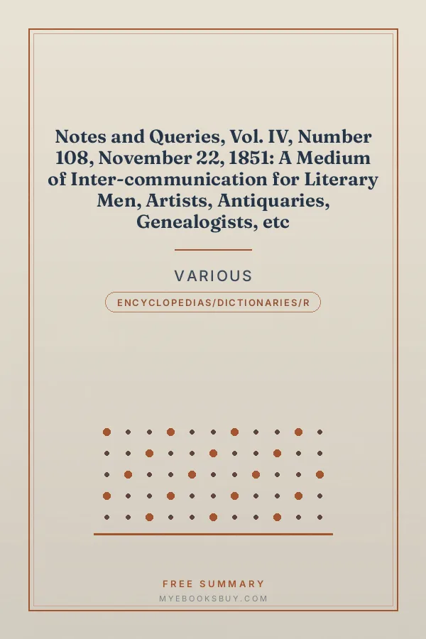Cover of Notes and Queries, Vol. IV, Number 108, November 22, 1851: A Medium of Inter-communication for Literary Men, Artists, Antiquaries, Genealogists, etc