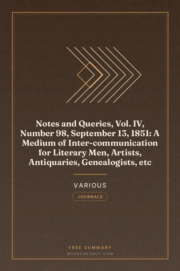 Cover of Notes and Queries, Vol. IV, Number 98, September 13, 1851: A Medium of Inter-communication for Literary Men, Artists, Antiquaries, Genealogists, etc