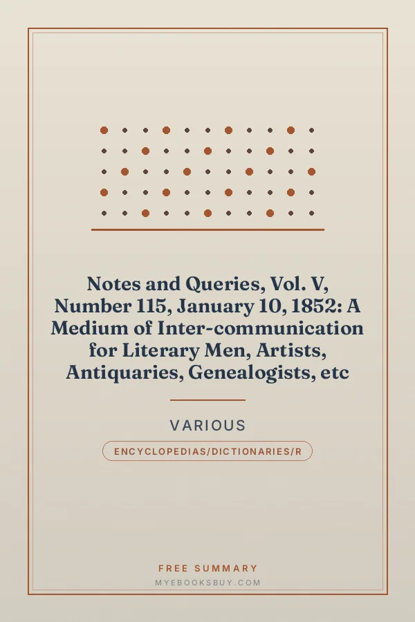 Cover of Notes and Queries, Vol. V, Number 115, January 10, 1852: A Medium of Inter-communication for Literary Men, Artists, Antiquaries, Genealogists, etc